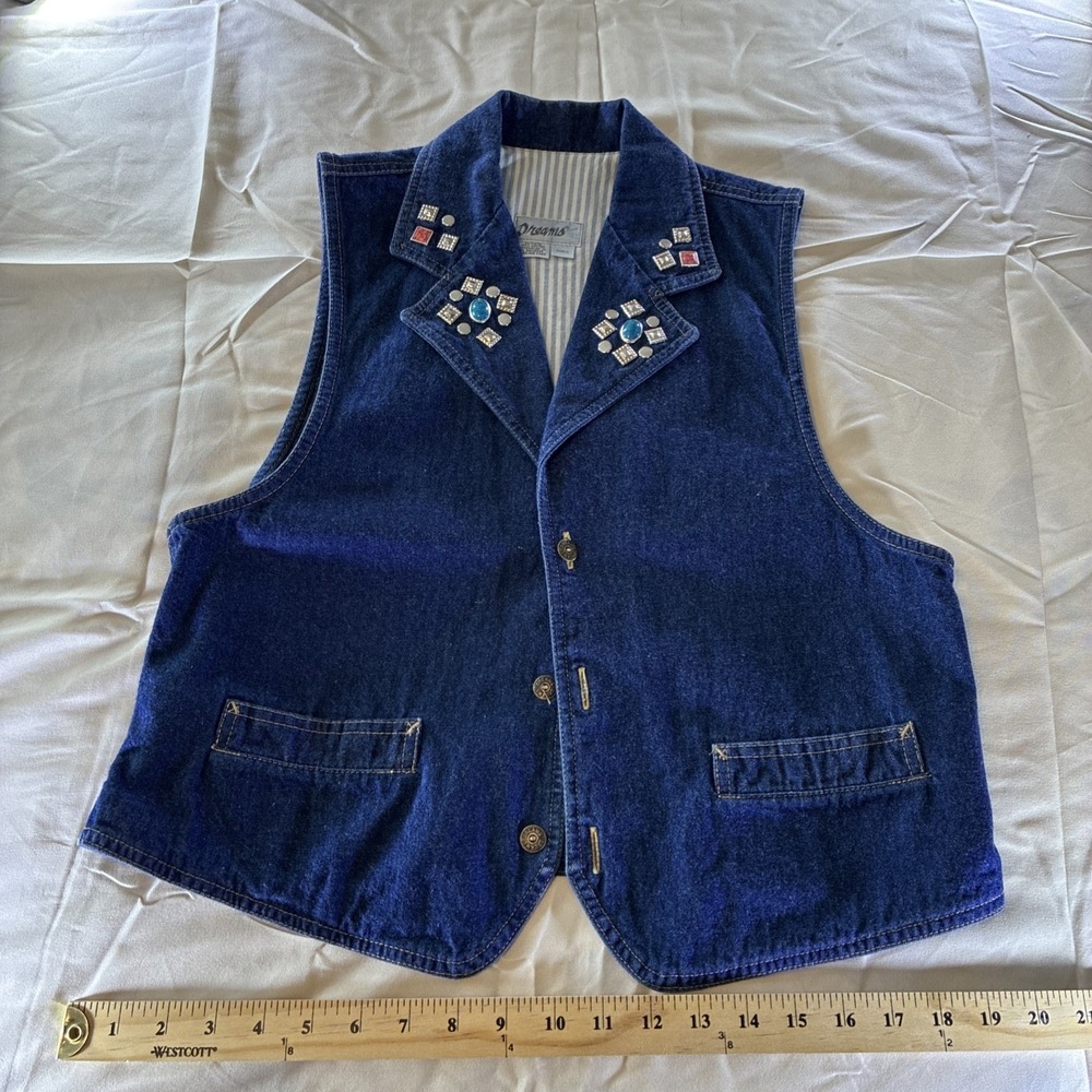 Dreams Women Stretch Denim Vest Size Small with Bling 2 Pocket Side Tabs collar